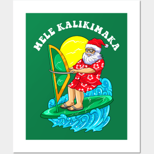 Mele Kalikimaka Santa Wind Surfing Christmas In July Posters and Art